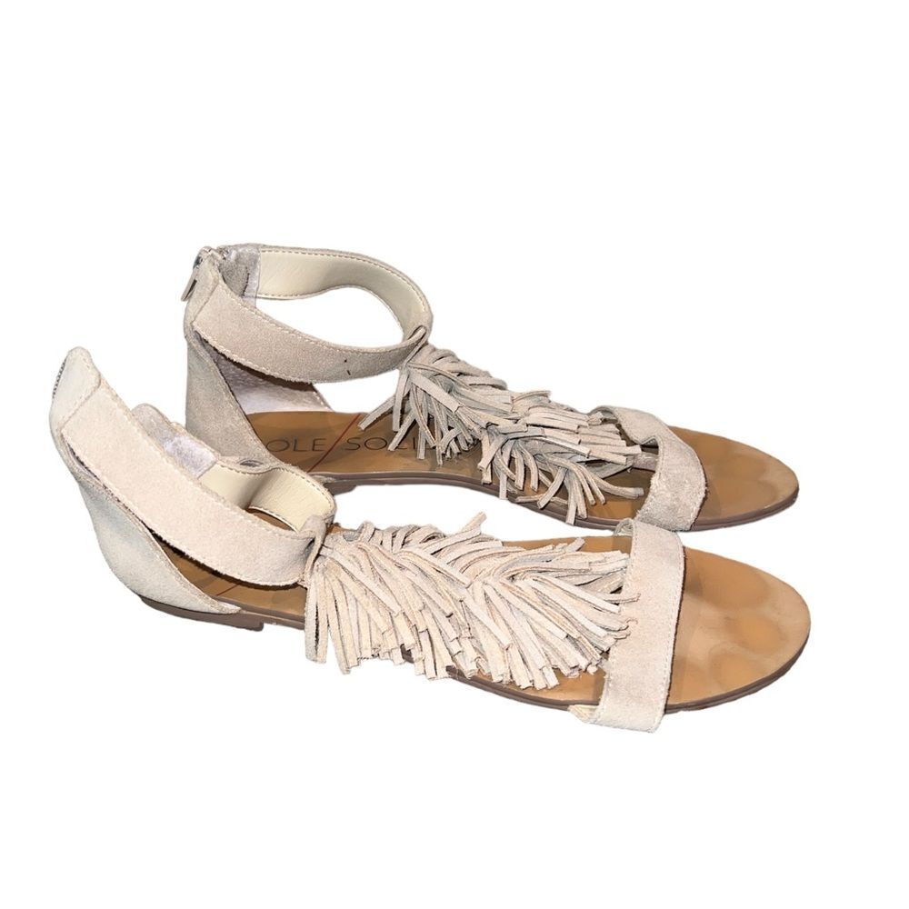 Sole Society Koa Ankle Fringe Leather‎ Zip Back Flat sandals shoes size 8M